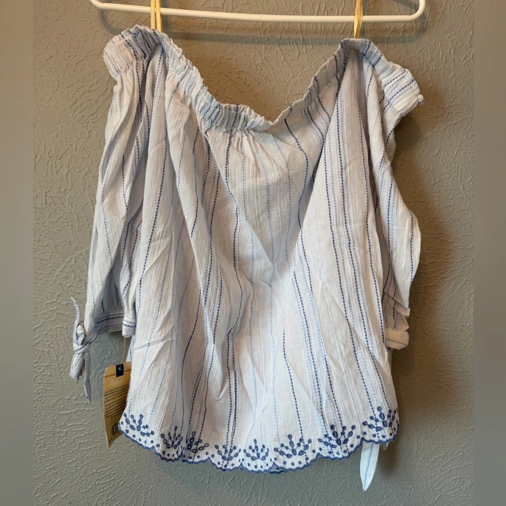 Off the shoulder Democracy Blue and White Striped Blouse - Picture 2 of 6